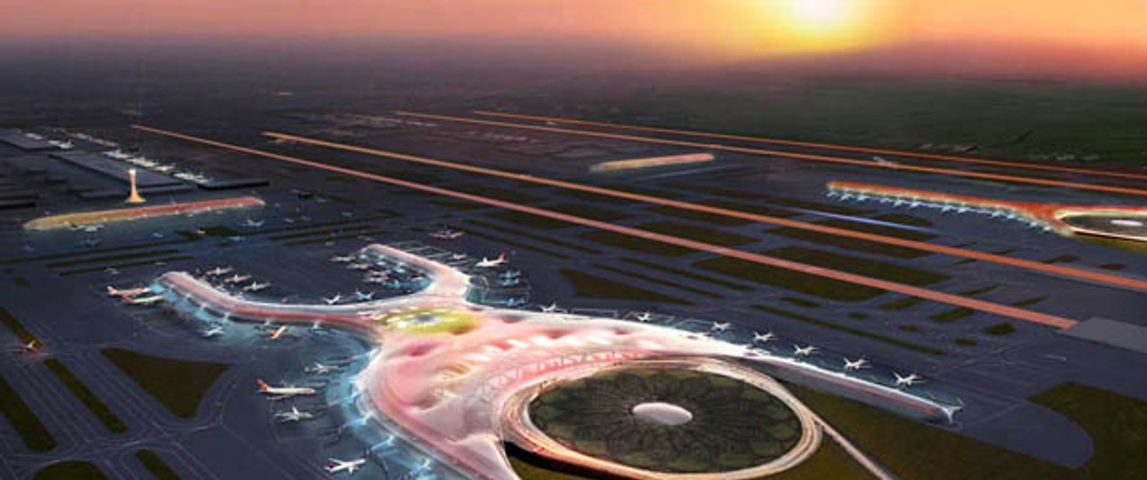 Mit einer Fläche von 555'000 Quadratmetern wird der neue Airport Mexikos einer der größten der Welt. Die Architekten von Norman Foster überziehen den ganzen Flughafen mit einer einzigen gewölbten Hülle aus leichtem Stahl und Glas.