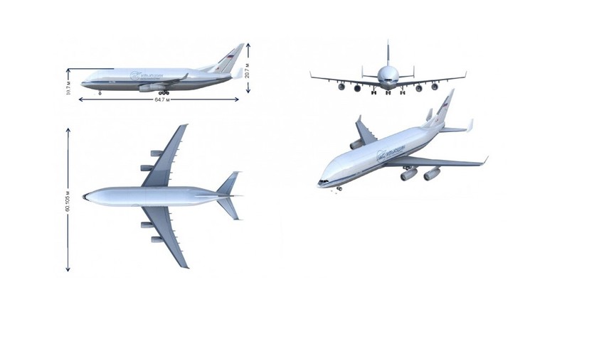 Die Dimensionen: Die Ilyushin Il-96-500T wird 64,7 Meter lang, die Rumpfhöhe beträgt 10,7 Meter, die Höhe beim Leitwerk 25,7 Meter. Die Spannweite beträgt wie bei der Il-96-400 60,1 Meter.