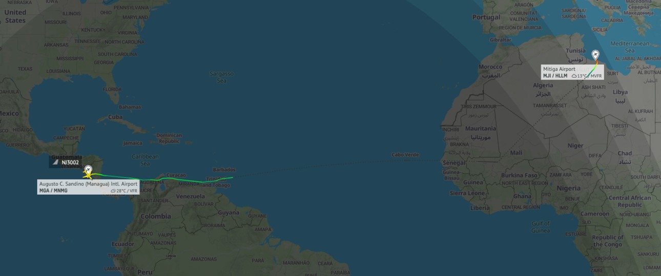 Flugroute der 777 von Ghadames Air: Zuletzt flog die Maschine am 4. Juni von Libyen nach Nicaragua.