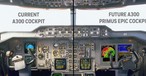 Vorher-Nachher-Vergleich zwischen dem jetzigen Airbus-A300-Cockpit (links) und der modernisierten Variante (rechts).