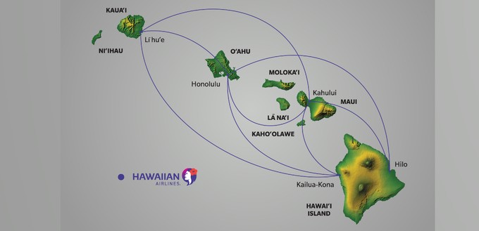 Die jetzigen Verbindungen von Hawaiian Airlines zwischen den Inseln.