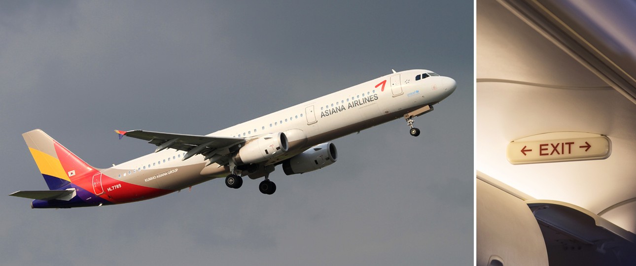 Airbus A321 von Asiana und Exit-Schild in unbekanntem Flieger: Besondere Anforderungen.