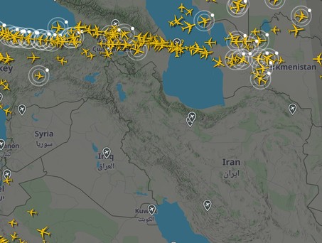 Luftraum über Nahost: Viele Wege führen nicht nach Fernost.