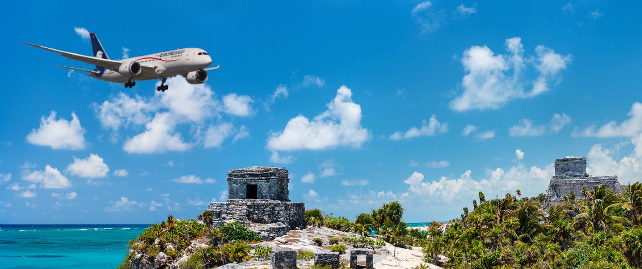 Jet von Aeroméxico über den Maya-Ruinen von Tulum (Montage): Anflug ab 2023?