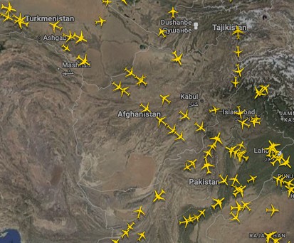 Kaum Flugzeuge über dem Iran, dafür über Afghanistan: Route zwischen Europa nach Asien.