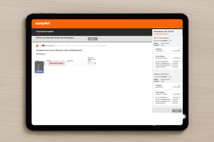 Buchung bei Easyjet: Option Fräulein.