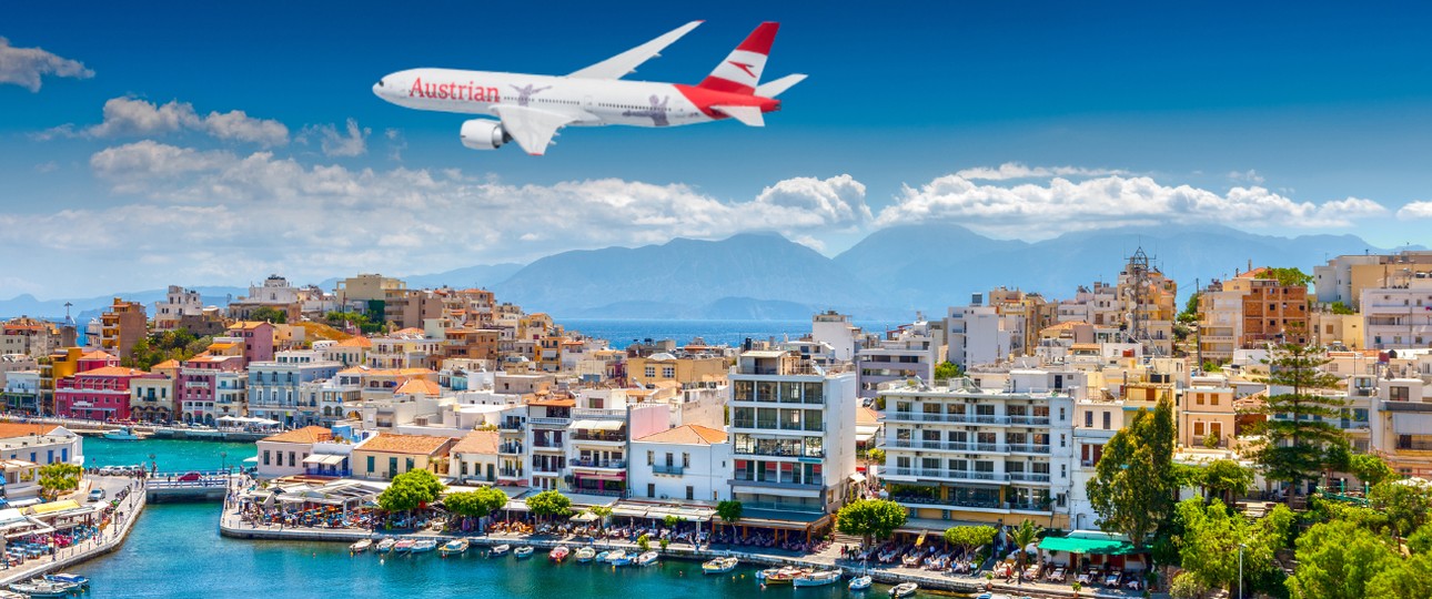 Boeing 777 von Austrian Airlines über Kreta (Montage): Bald wirklich zu sehen.