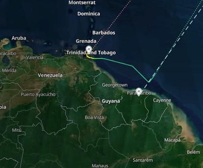 Der Flugverlauf: Zeigt, wie der KLM-Flug vor Paramaribo abdreht.