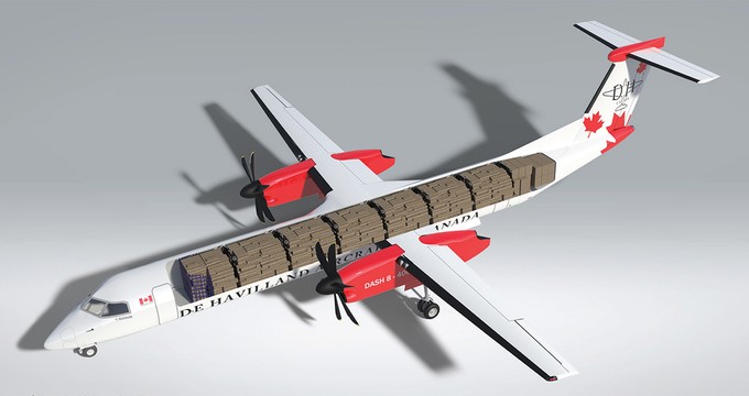 Die Dash 8-400 PF kann 10,2 Tonnen oder 78,6 Kubikmeter Waren mitführen und kommt 2880 Kilometer weit.