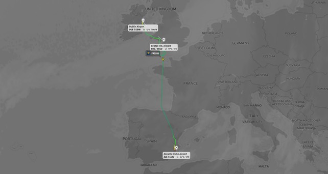 Flugverlauf von FR2955: Der Flug landete nach acht stunden wieder in Alicante.
