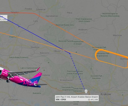 Flugverlauf des Airbus A321 Neo von Wizz Air: Er flog 27 Platzrunden über Krakau.
