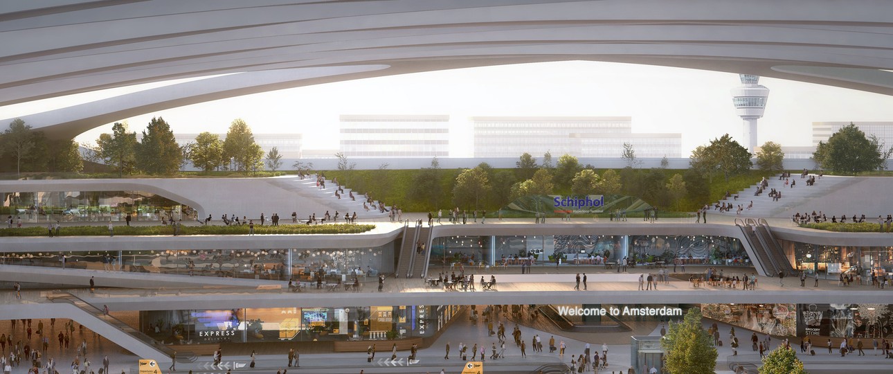 Darstellung eines künftigen Hyperloop-Bahnhofs am Amsterdamer Flughafen: Die Royal Schiphol Group glaubt an die Technologie.