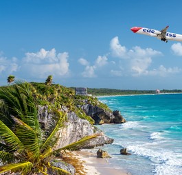 Airbus A340 von Edelweiss über Yukatán: Tulum als Option zur Ergänzung.