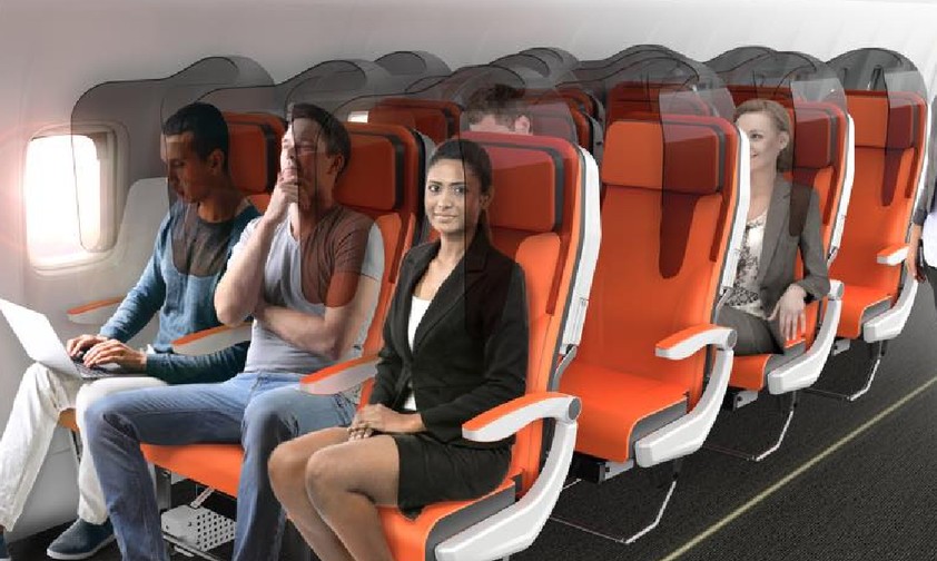 Das Konzept Glassafe der italienische Firma Avio Interiors: Sie schirmt Sitznachbarn auf Kopfhöhe voneinander ab.