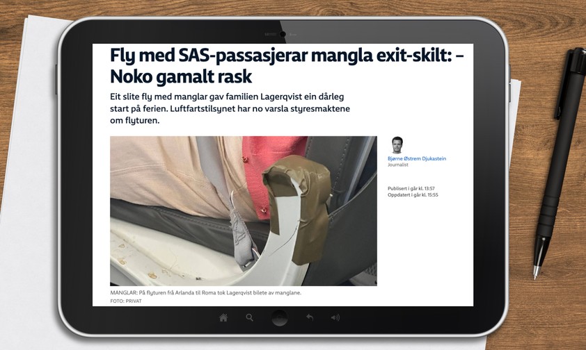 Bericht in der Zeitung NRK: Armlehne mit Klebeband.