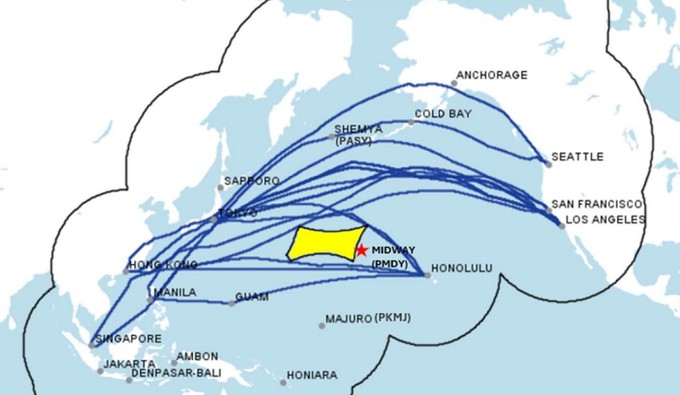 180-Minuten-Etops-Ausweichradien mit typischen Flugwegen - Grafik aus Boeings Kommentar bei der FAA.