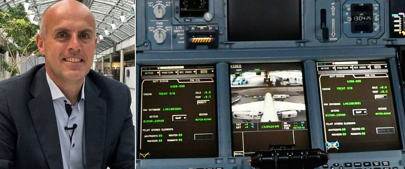 Matthias Spohr und ein Teil des A380-Cockpits: Wieder viel Betrieb im Simulator.