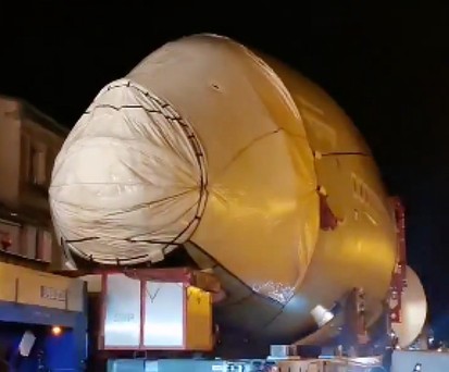 The nose section of an Airbus A380 rolls through a small town in the south of France.