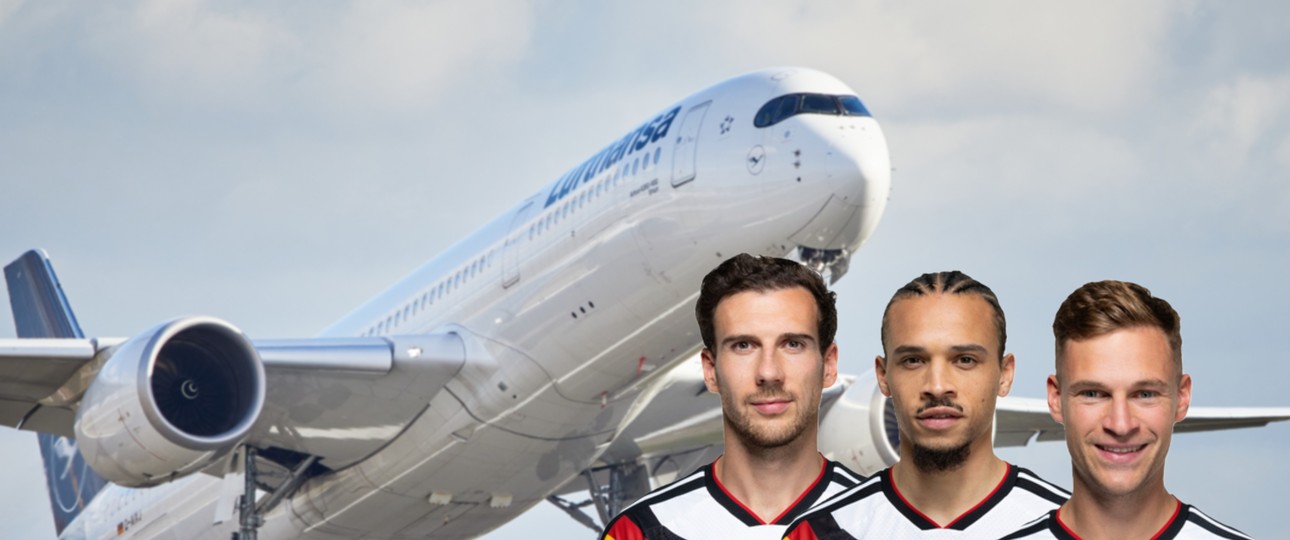 Airbus A350 von Lufthansa und die Nationalspieler Goretzka, Sané und Kimmich: Ab in die USA.