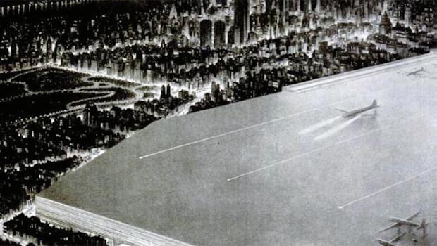 Midtown Manhattan Airport, USA: Immobilientycoon William Zeckendorf wollte 1939 einen Mega-Flughafen 60 Meter über den Strassen von Manhattan bauen. Er wäre etwa so groß geworden wie der Central Park und hätte drei Pisten gehabt.