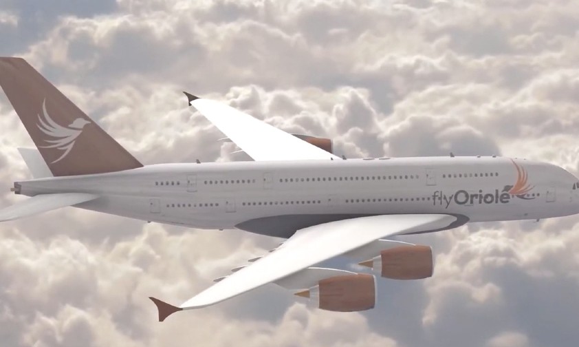 Visualisierung eines Airbus A380 im Design von Fly Oriole: Oriole ist ein Vogel, der auch vorne auf dem Flieger sowie auf dem Heck abgebildet ist.