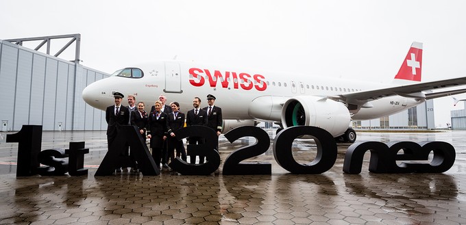 Airbus A320 Neo von Swiss vor dem Abflug in Hamburg Finkenwerder.