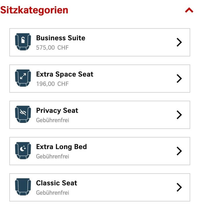 Die Preise in der neue Business Class: Maximale Privatsphäre gibt es für 575 Franken - pro Passagier.