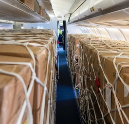 Provisorische Frachtkabine in einem Passagierflieger: Kartons statt Sitze.