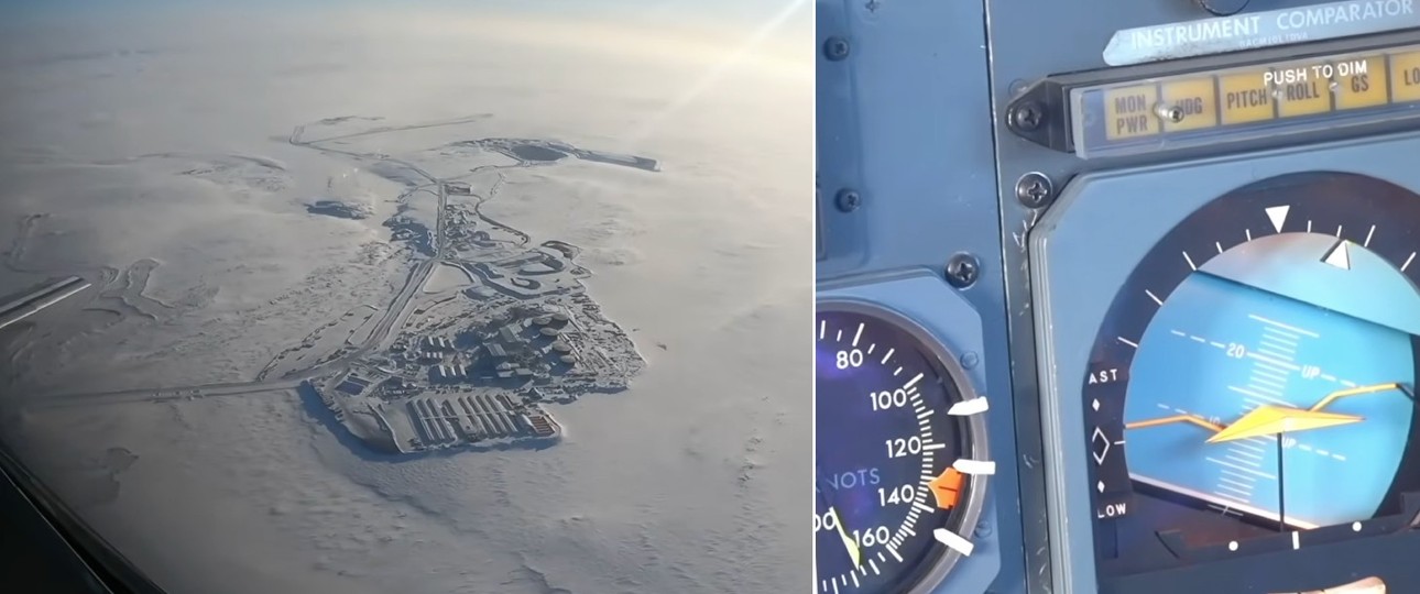 Blick aus dem Fenster und auf die Instrument der  Boeing 737-200: Flug von Goose Lake nach Yellowknife.