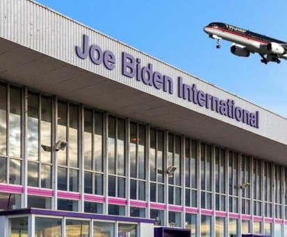 Bildmontage: Trump-Jet über Biden-Airport.