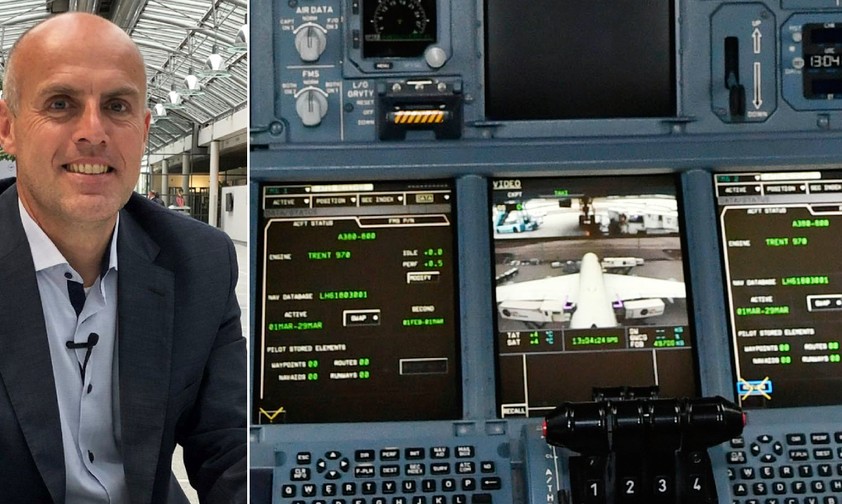 Matthias Spohr und ein Teil des A380-Cockpits: Wieder viel Betrieb im Simulator.