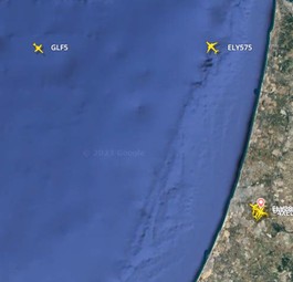 Die Region rund um den Flughafen Tel Aviv am 7. Oktober um 22:02 Uhr (MESZ): Wenig Verkehr.