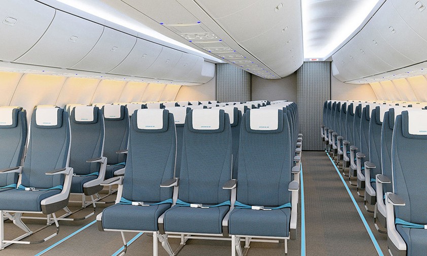 So könnte die neue Il-96-400M innen aussehen: Zu erkennen ist eine 3-3-3-Bestuhlung in der Economy Class ...