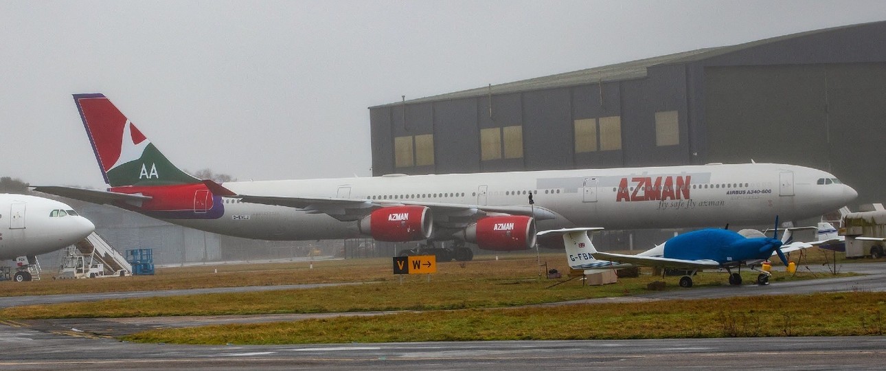 Der Airbus A340-600 von Azman Air: Hier zu sehen in Großbritannien, rund eine Woche vor der Übergabe an die nigerianische Fluglinie.