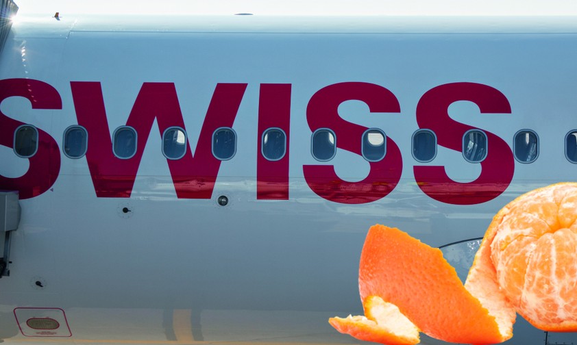 Airbus A320 von Swiss und eine Mandarine: Bitte nicht heimlich essen.