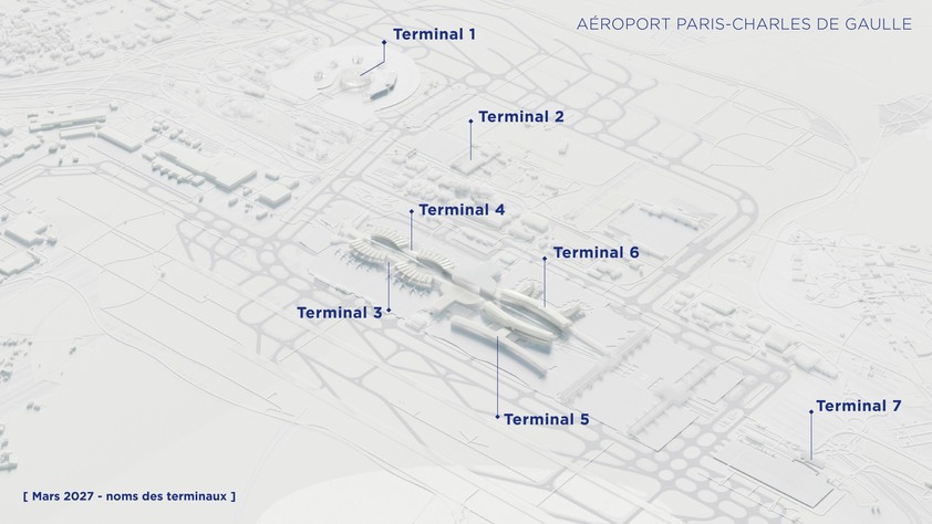 Die neuen Namen der Terminals des Flughafens Paris-Charle de Gaulle: ALles wir neu im Jahr 2027.