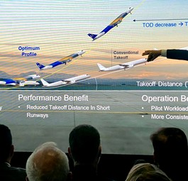 Farnborough: Embraers Arjan Meijer präsentiert das E2 Enhanced Take Off System.