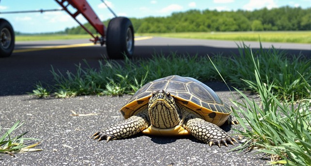 Schnappschildkröte auf der Piste: Ein Pilot musste dem Tier ausweichen und stürzte ab.