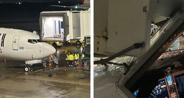 Bilder des Zwischenfalls mit Fiji Airways: Die Fluggastbrücke hat die Cockpitscheibe getroffen.