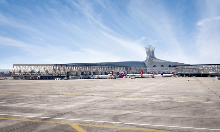 So werden das neue Dock A und der neue Kontrollturm des Flughafens Zürich aussehen.