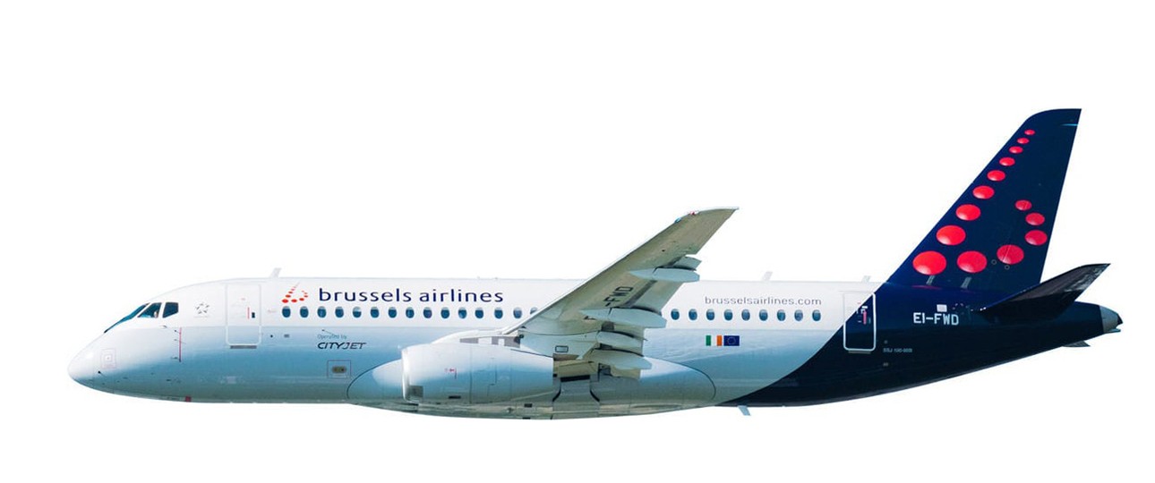 Sukhoi Superjet von City Jet in den Farben von Brussels Airlines. Die Belgier flotten die gemieteten Flugzeuge aus.