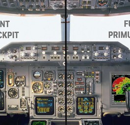 Vorher-Nachher-Vergleich zwischen dem jetzigen Airbus-A300-Cockpit (links) und der modernisierten Variante (rechts).