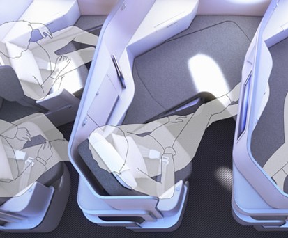 Eine Visualisierung des Sitzkonzepts Butterfly: Links die Variante Premium Economy, in der Mitte und rechts Business Class.