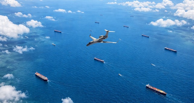 Gulfstream G550 MSA über dem Meer (Montage): Singapur setzt auf den US-Flieger.