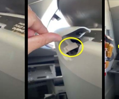 Der linke Sitz im Cockpit der Boeing 787 von Latam: Zu sehen ist, dass sich der Schutz (gelber Pfeil) über dem Schalter samt Schalterkappe (Kreis) nicht ganz schließen lässt.