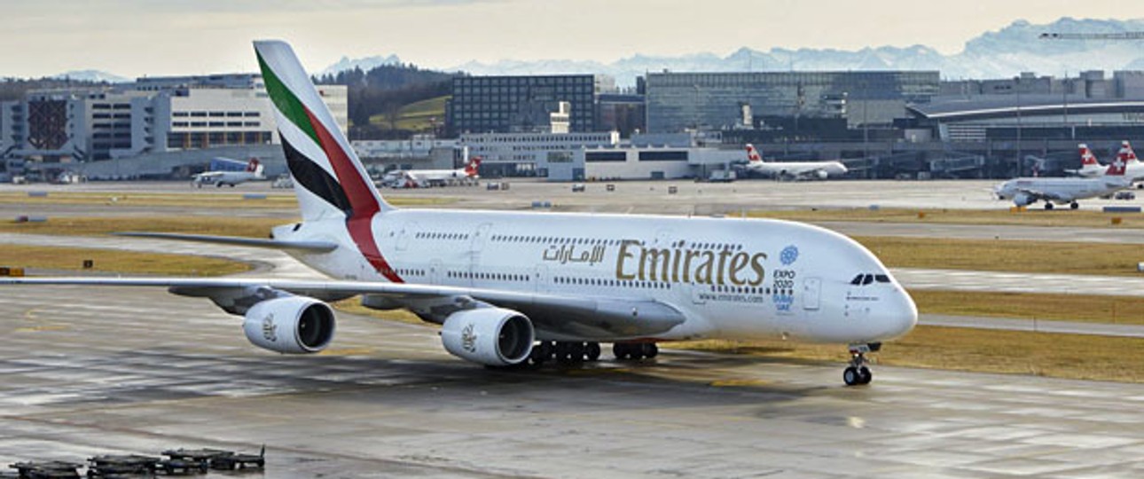 A380 von Emirates: Neu kommt er zwei Mal täglich nach Zürich.
