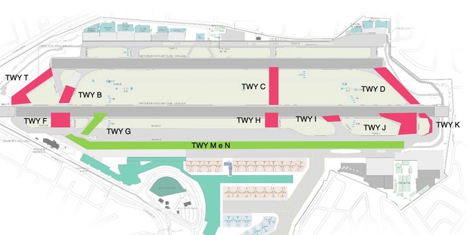 Rot sind Rollwege, die modernisiert werden, grün sind der neue Rollweg und der neue Abrollweg.