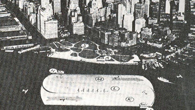Manhattan Floating Airport, USA: Designer Norman Bel Geddes plante 1946 im Hafen von New York einen schwimmenden Flughafen. Passagiere wären durch einen Tunnel hingelangt. Je nach Winden wäre der Airport gedreht worden.