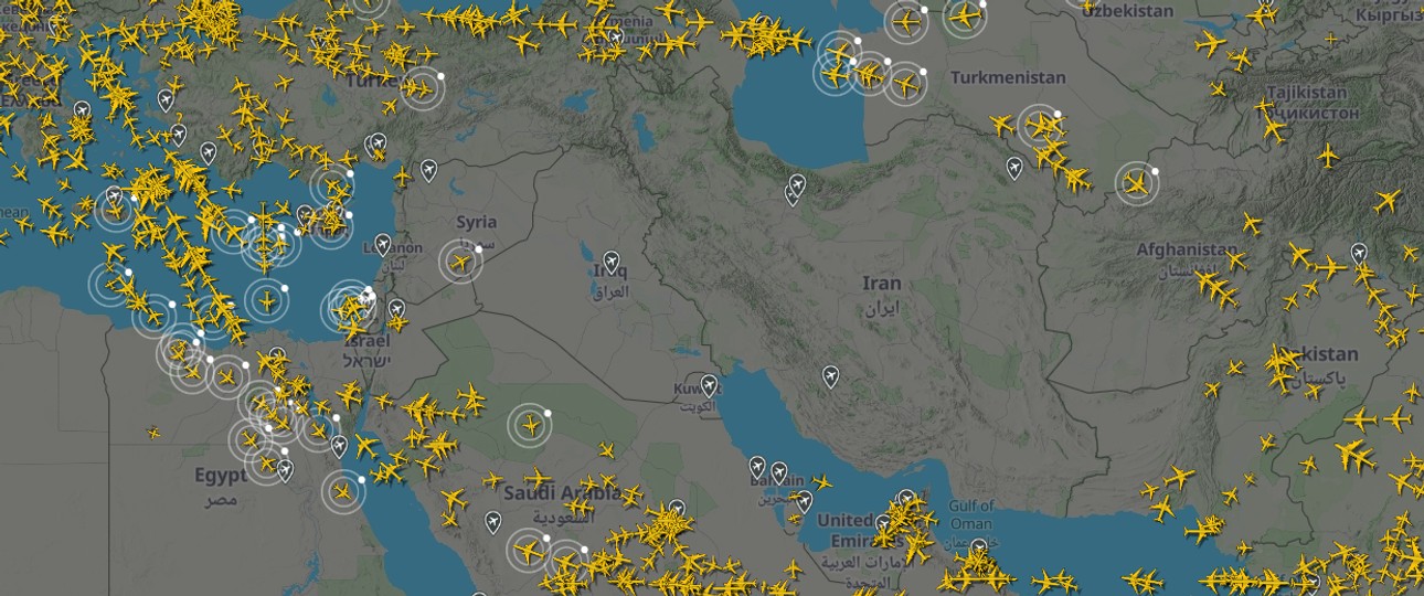 Lufträume über und um den Iran um 11:24 Uhr (mitteleuropäischer Zeit): Viele Schließungen.