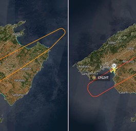 Links der Verlauf des ersten Fluges, rechts des zweiten: Jet kehrte zwei Mal um.